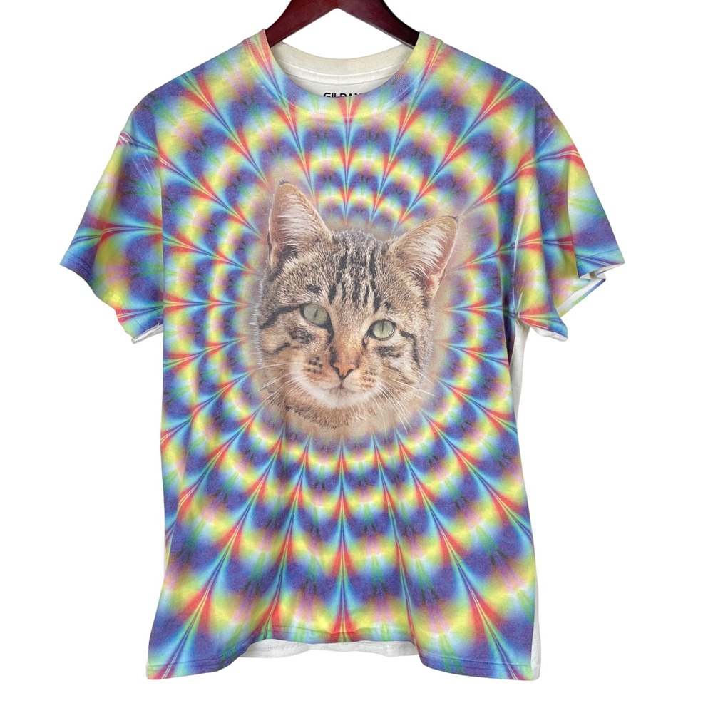 Gildan Mens T-Shirt Sz M Psychedelic Cat Graphic Rainbow Grunge Indie Hipster